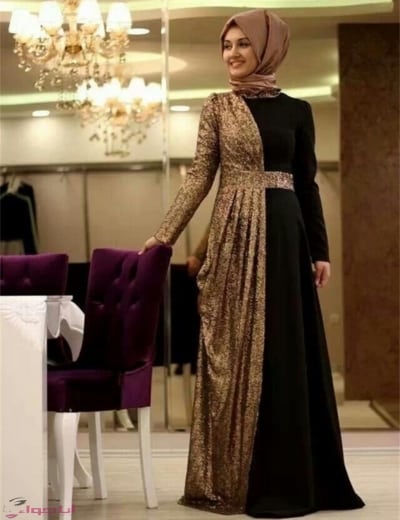 Muslim Hijab Long Sleeve Evening Dress 2015 Elegant Sexy Gold Sequin Black Chiffon Formal Wedding Party 2 - مجلة انا حواء